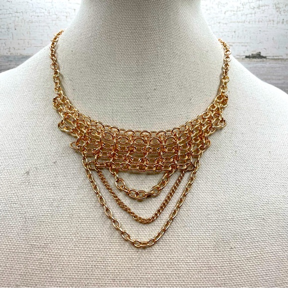Jessica Simpson Gold Tone Choker Multi Layer Chain Statement Necklace - Picture 1 of 7
